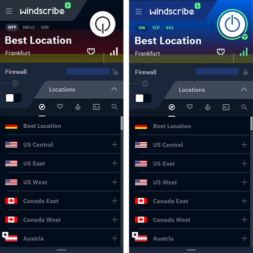 Screenshots of Windscribe's VPN client turn off and turned on