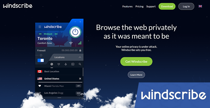 This is an image of the Windscribe VPN homepage showing the VPN interface.