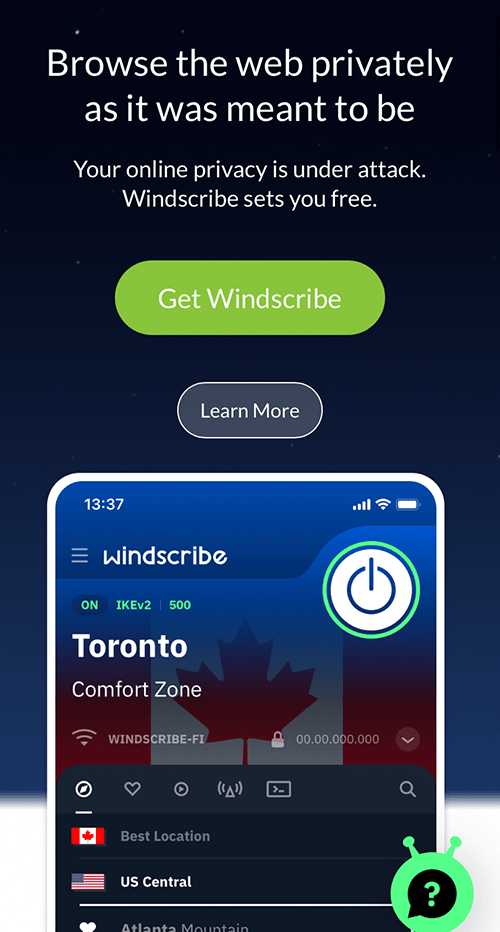 A screenshot of the Windscribe VPN homepage on iPhone.