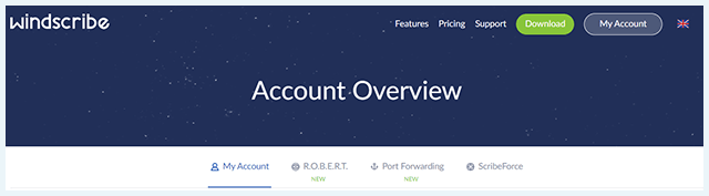 Screenshot of the Windscribe Account Overview page