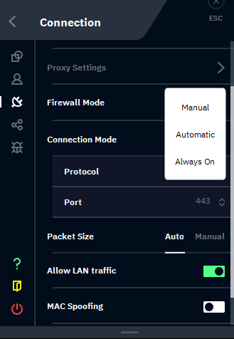 Screenshots of the various Firewall modes available in Windscribe