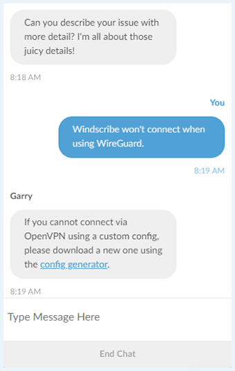 Windscribe VPN Garry chatbot screenshot