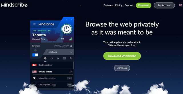 Windscribe VPN homepage screenshot