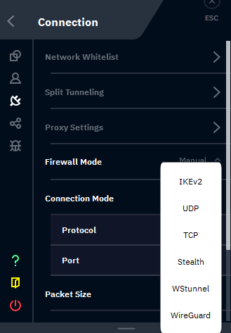 Screenshot fo Windscribe's VPN-protocols