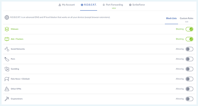 Screenshot of R.O.B.E.R.T., Windscribe's customizable blocker