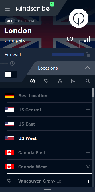 Windscribe VPN servers screenshot