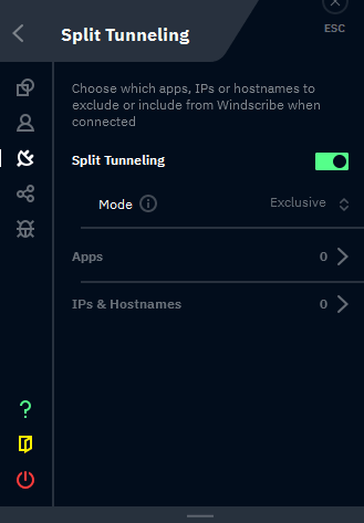 Screenshot of the Windscribe software and its Split Tunneling option