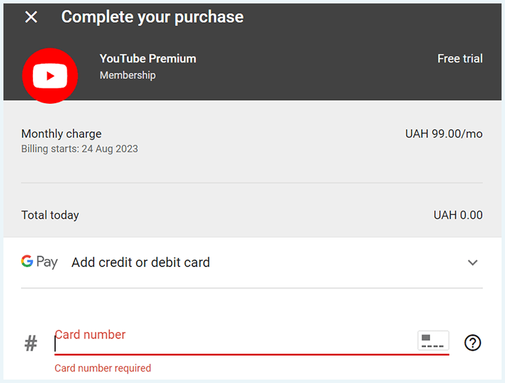 Complete your purchase step, YouTube Premium membership, Ukraine subscription