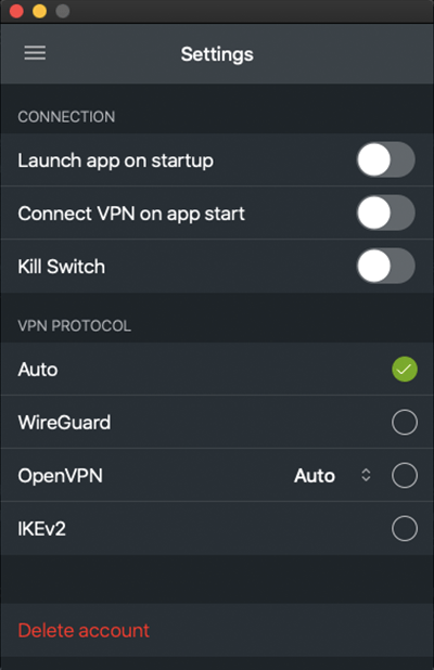 Image shows a list of available ZoogVPN protocols within the app